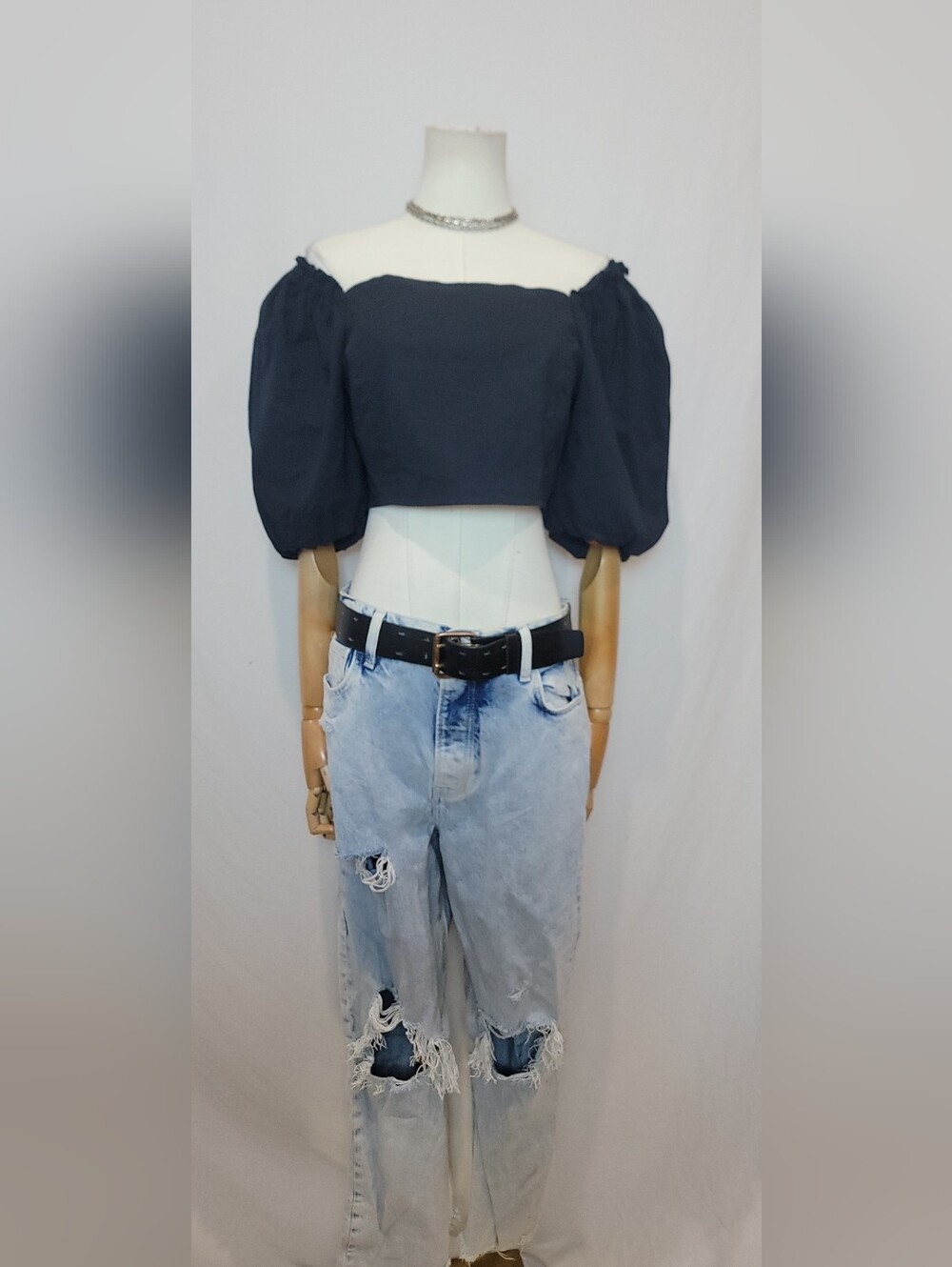 Jason Wu Black Puff Sleeve Off-Shoulder Crop Top, Size Large